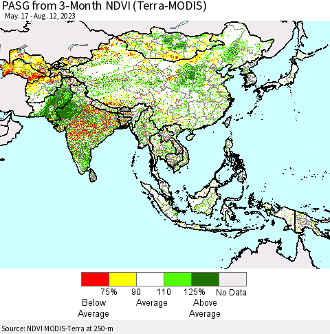 Asia PASG from 3-Month NDVI (Terra-MODIS) Thematic Map For 8/5/2023 - 8/12/2023