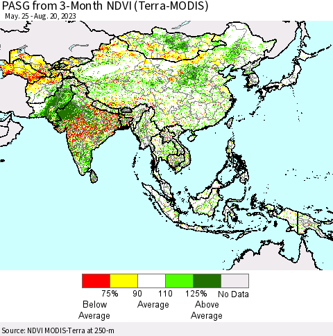 Asia PASG from 3-Month NDVI (Terra-MODIS) Thematic Map For 8/13/2023 - 8/20/2023