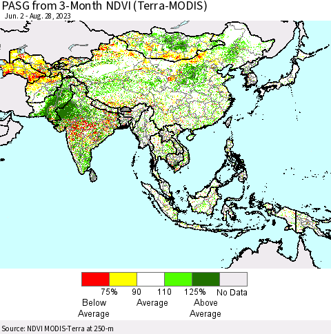 Asia PASG from 3-Month NDVI (Terra-MODIS) Thematic Map For 8/21/2023 - 8/28/2023