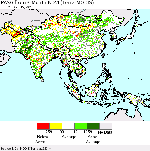 Asia PASG from 3-Month NDVI (Terra-MODIS) Thematic Map For 10/8/2023 - 10/15/2023