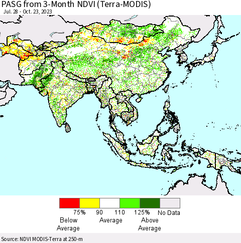 Asia PASG from 3-Month NDVI (Terra-MODIS) Thematic Map For 10/16/2023 - 10/23/2023