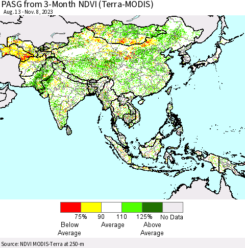 Asia PASG from 3-Month NDVI (Terra-MODIS) Thematic Map For 11/1/2023 - 11/8/2023