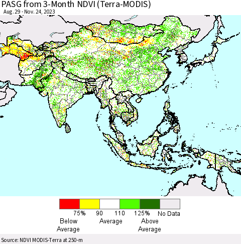 Asia PASG from 3-Month NDVI (Terra-MODIS) Thematic Map For 11/17/2023 - 11/24/2023