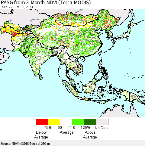 Asia PASG from 3-Month NDVI (Terra-MODIS) Thematic Map For 12/11/2023 - 12/18/2023