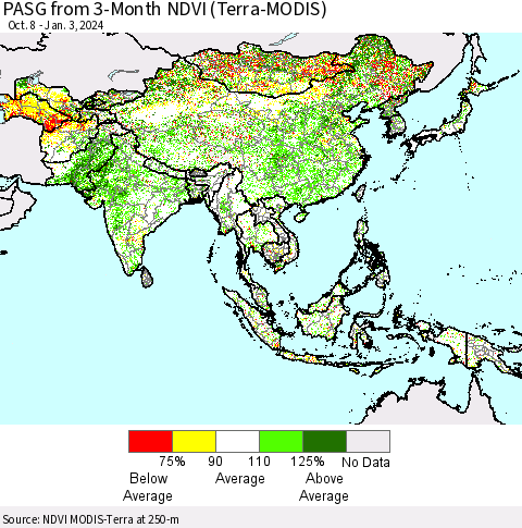 Asia PASG from 3-Month NDVI (Terra-MODIS) Thematic Map For 12/27/2023 - 1/3/2024