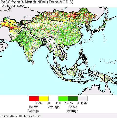 Asia PASG from 3-Month NDVI (Terra-MODIS) Thematic Map For 1/1/2024 - 1/8/2024