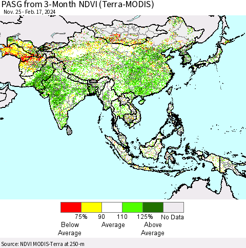 Asia PASG from 3-Month NDVI (Terra-MODIS) Thematic Map For 2/10/2024 - 2/17/2024