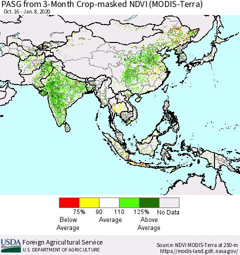 Asia PASG from 3-Month Cropland NDVI (Terra-MODIS) Thematic Map For 1/1/2020 - 1/10/2020