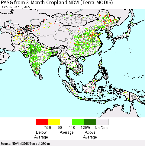 Asia PASG from 3-Month Cropland NDVI (Terra-MODIS) Thematic Map For 1/1/2022 - 1/8/2022