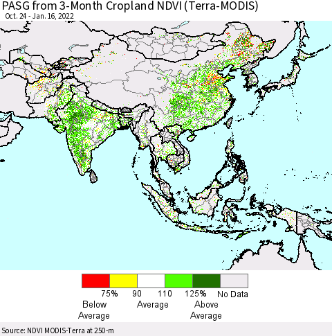 Asia PASG from 3-Month Cropland NDVI (Terra-MODIS) Thematic Map For 1/9/2022 - 1/16/2022