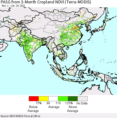 Asia PASG from 3-Month Cropland NDVI (Terra-MODIS) Thematic Map For 1/17/2022 - 1/24/2022