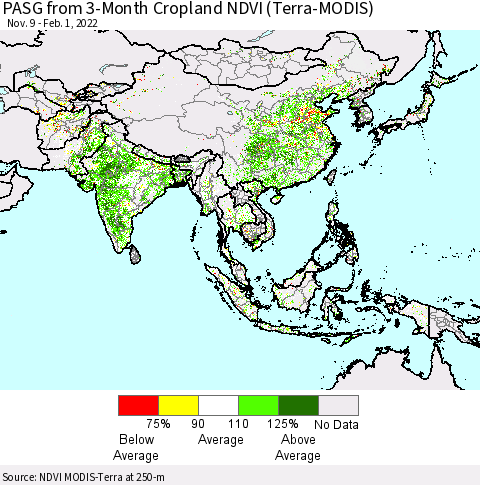 Asia PASG from 3-Month Cropland NDVI (Terra-MODIS) Thematic Map For 1/25/2022 - 2/1/2022