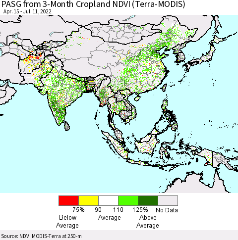Asia PASG from 3-Month Cropland NDVI (Terra-MODIS) Thematic Map For 7/4/2022 - 7/11/2022