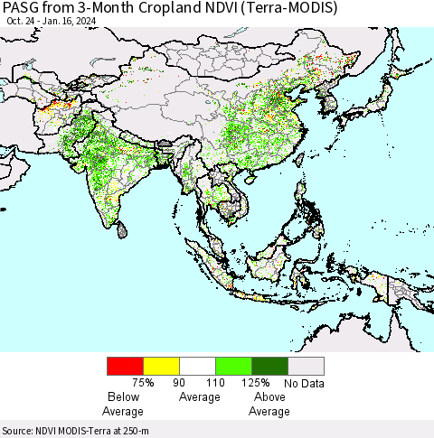 Asia PASG from 3-Month Cropland NDVI (Terra-MODIS) Thematic Map For 1/9/2024 - 1/16/2024
