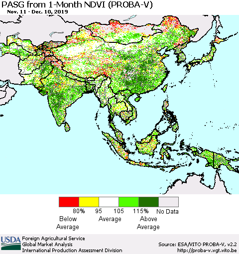 Asia PASG from 1-Month NDVI (PROBA-V) Thematic Map For 12/1/2019 - 12/10/2019