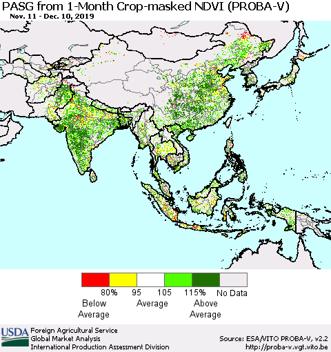 Asia PASG from 1-Month Crop-masked NDVI (PROBA-V) Thematic Map For 12/1/2019 - 12/10/2019