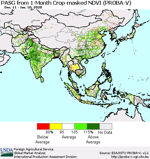 Asia PASG from 1-Month Crop-masked NDVI (PROBA-V) Thematic Map For 1/1/2020 - 1/10/2020