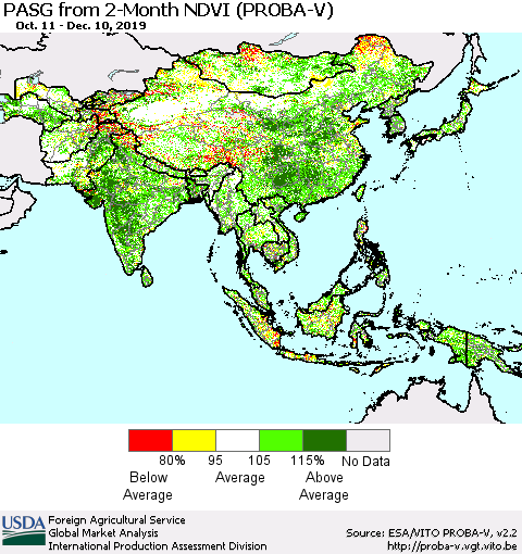 Asia PASG from 2-Month NDVI (PROBA-V) Thematic Map For 12/1/2019 - 12/10/2019