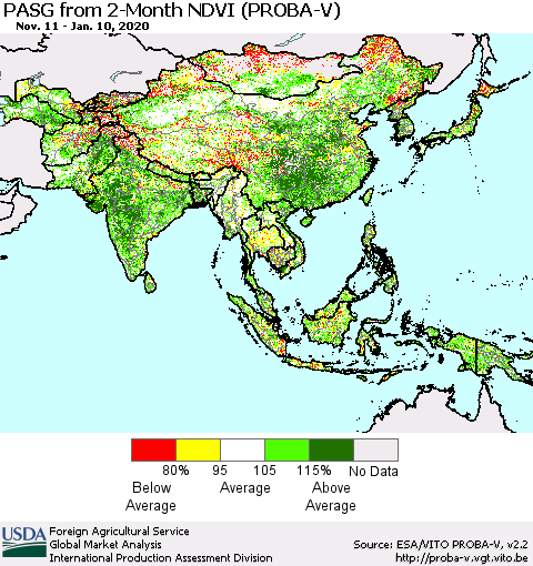 Asia PASG from 2-Month NDVI (PROBA-V) Thematic Map For 1/1/2020 - 1/10/2020