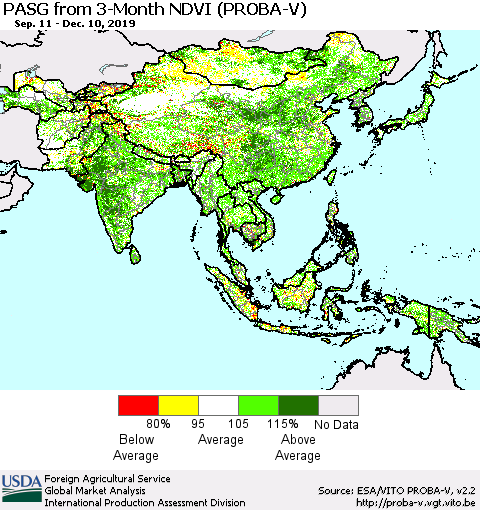 Asia PASG from 3-Month NDVI (PROBA-V) Thematic Map For 12/1/2019 - 12/10/2019