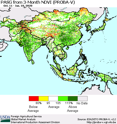 Asia PASG from 3-Month NDVI (PROBA-V) Thematic Map For 1/1/2020 - 1/10/2020