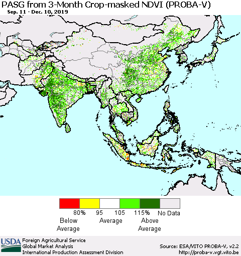 Asia PASG from 3-Month Crop-masked NDVI (PROBA-V) Thematic Map For 12/1/2019 - 12/10/2019