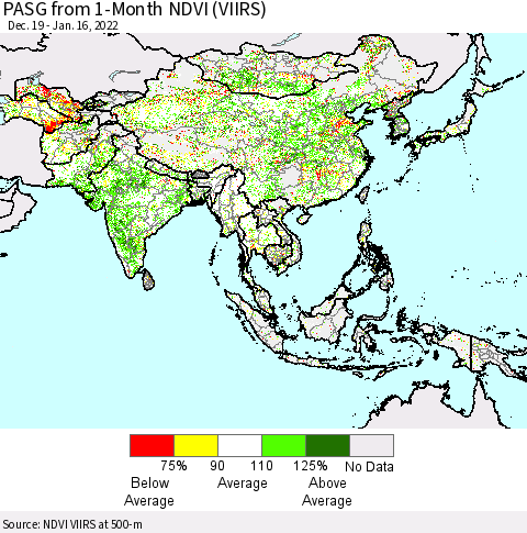 Asia PASG from 1-Month NDVI (VIIRS) Thematic Map For 1/9/2022 - 1/16/2022