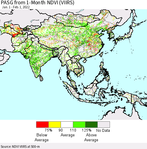Asia PASG from 1-Month NDVI (VIIRS) Thematic Map For 1/25/2022 - 2/1/2022