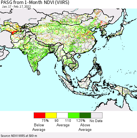 Asia PASG from 1-Month NDVI (VIIRS) Thematic Map For 2/10/2022 - 2/17/2022