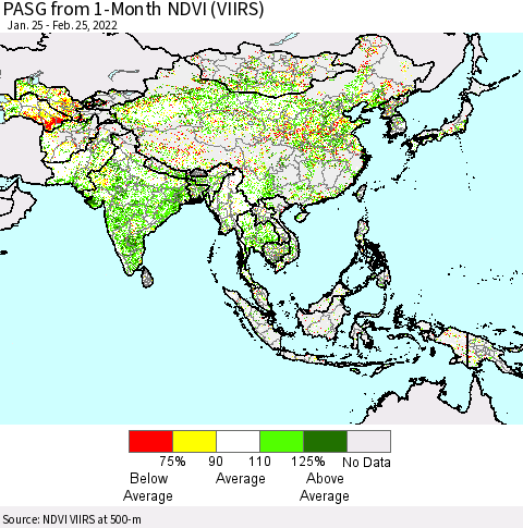 Asia PASG from 1-Month NDVI (VIIRS) Thematic Map For 2/18/2022 - 2/25/2022