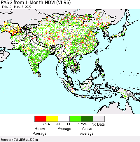 Asia PASG from 1-Month NDVI (VIIRS) Thematic Map For 3/6/2022 - 3/13/2022