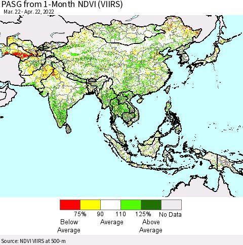 Asia PASG from 1-Month NDVI (VIIRS) Thematic Map For 4/15/2022 - 4/22/2022