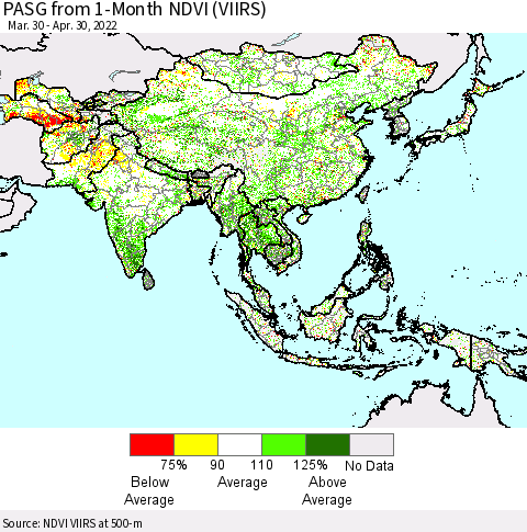 Asia PASG from 1-Month NDVI (VIIRS) Thematic Map For 4/23/2022 - 4/30/2022