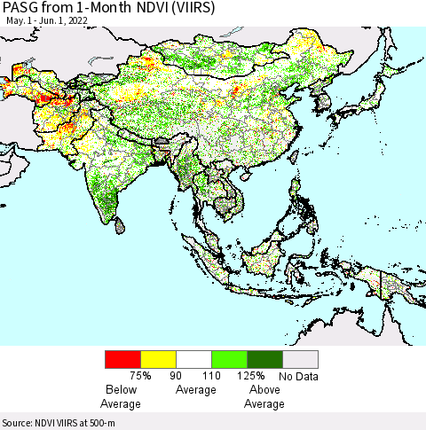 Asia PASG from 1-Month NDVI (VIIRS) Thematic Map For 5/25/2022 - 6/1/2022