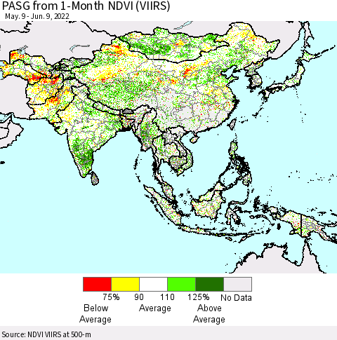 Asia PASG from 1-Month NDVI (VIIRS) Thematic Map For 6/2/2022 - 6/9/2022
