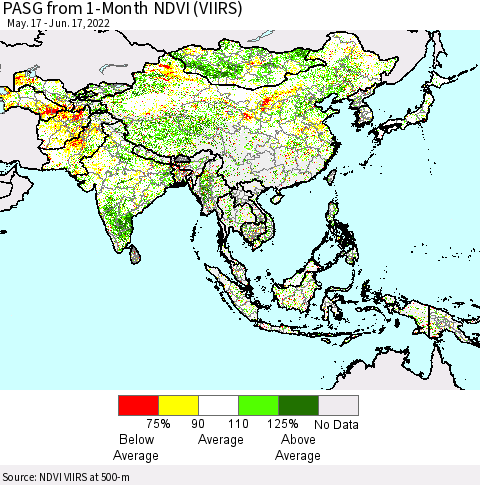 Asia PASG from 1-Month NDVI (VIIRS) Thematic Map For 6/10/2022 - 6/17/2022