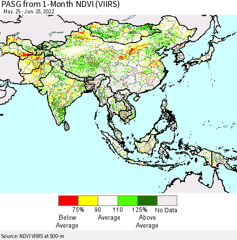 Asia PASG from 1-Month NDVI (VIIRS) Thematic Map For 6/18/2022 - 6/25/2022