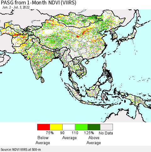 Asia PASG from 1-Month NDVI (VIIRS) Thematic Map For 6/26/2022 - 7/3/2022