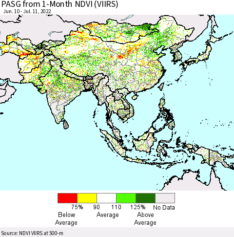 Asia PASG from 1-Month NDVI (VIIRS) Thematic Map For 7/4/2022 - 7/11/2022