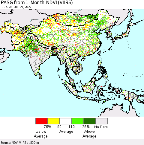 Asia PASG from 1-Month NDVI (VIIRS) Thematic Map For 7/20/2022 - 7/27/2022