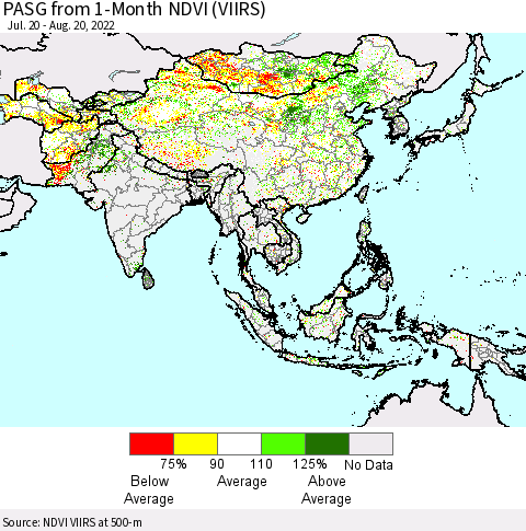 Asia PASG from 1-Month NDVI (VIIRS) Thematic Map For 8/13/2022 - 8/20/2022