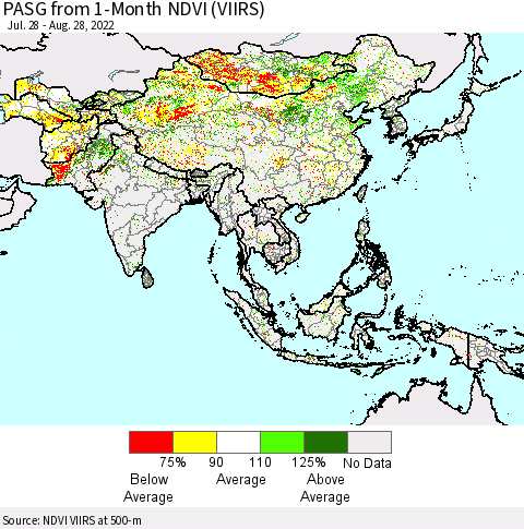 Asia PASG from 1-Month NDVI (VIIRS) Thematic Map For 8/21/2022 - 8/28/2022