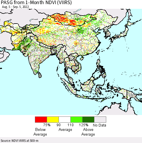 Asia PASG from 1-Month NDVI (VIIRS) Thematic Map For 8/29/2022 - 9/5/2022