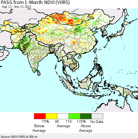Asia PASG from 1-Month NDVI (VIIRS) Thematic Map For 9/6/2022 - 9/13/2022