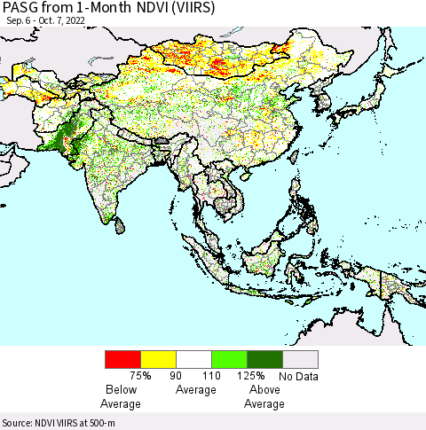 Asia PASG from 1-Month NDVI (VIIRS) Thematic Map For 9/30/2022 - 10/7/2022