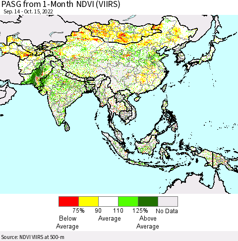Asia PASG from 1-Month NDVI (VIIRS) Thematic Map For 10/8/2022 - 10/15/2022