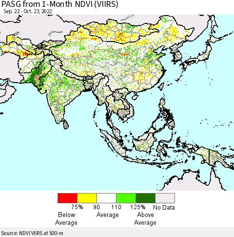 Asia PASG from 1-Month NDVI (VIIRS) Thematic Map For 10/16/2022 - 10/23/2022