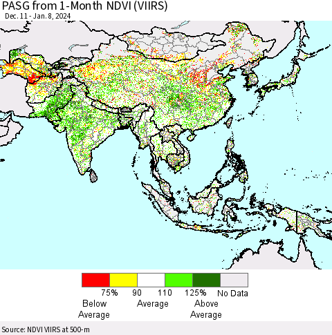 Asia PASG from 1-Month NDVI (VIIRS) Thematic Map For 1/1/2024 - 1/8/2024