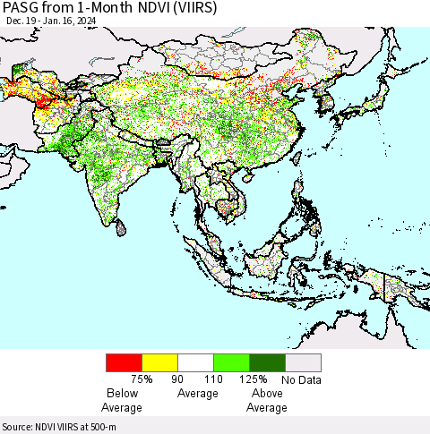 Asia PASG from 1-Month NDVI (VIIRS) Thematic Map For 1/9/2024 - 1/16/2024