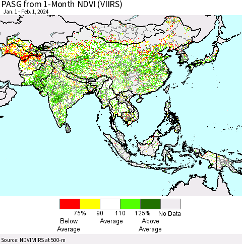 Asia PASG from 1-Month NDVI (VIIRS) Thematic Map For 1/25/2024 - 2/1/2024